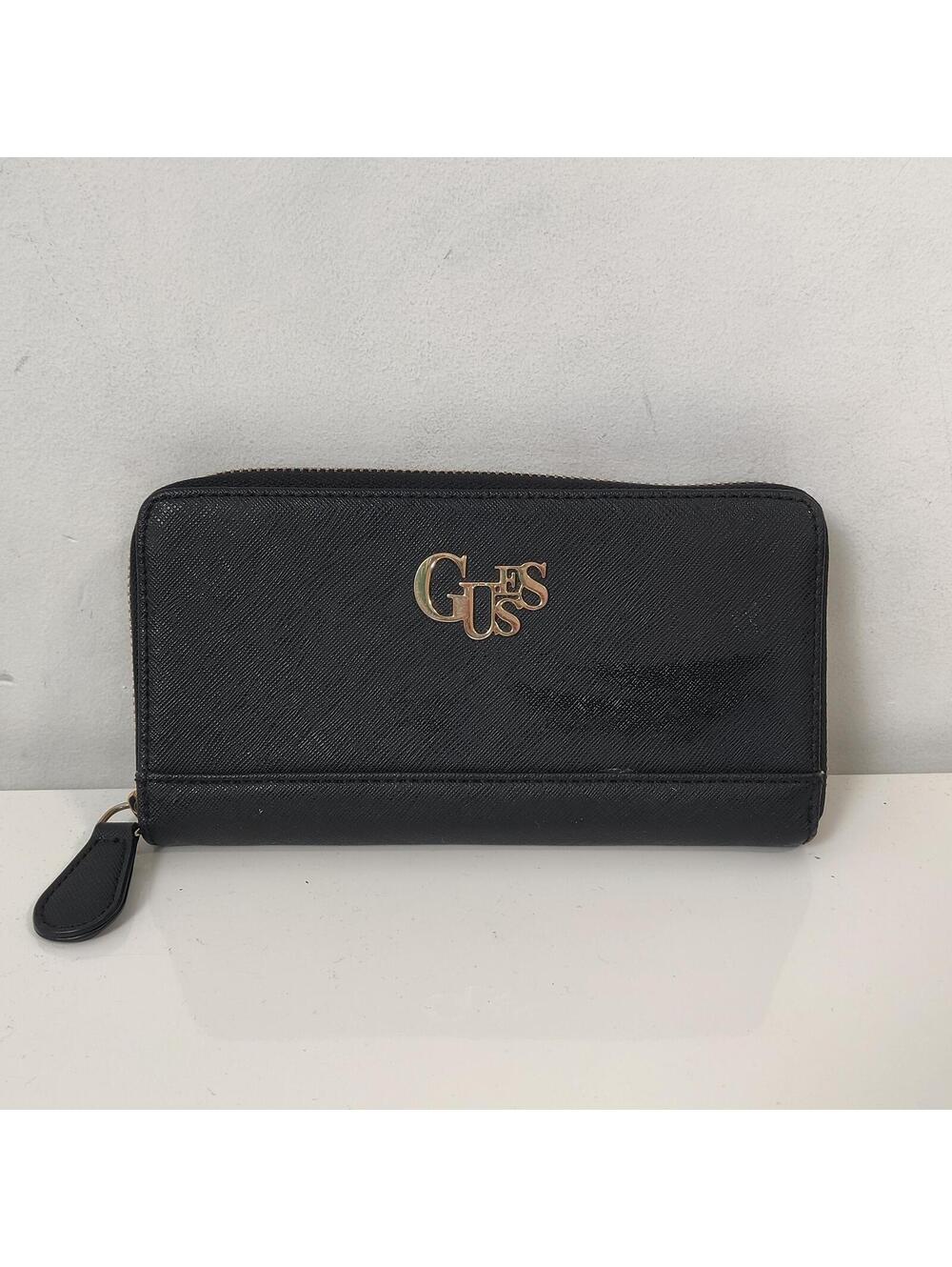 Guess Black Zip Around Wallet Gold Logo